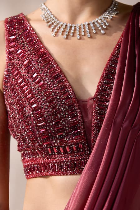 Shop_Chaashni By Maansi And Ketan_Maroon Organza Cut Work, Sequins, Pearls, Stones, Layered Panel Lehenga Saree 