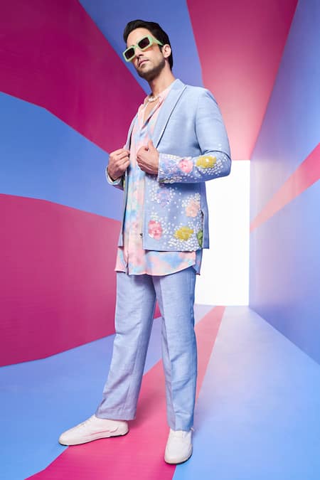 Kora By Nilesh Mitesh_Blue Handloom Cotton, Silk Sequins, Embroidery, Beads Floral Jacket Set_Online_at_Aza_Fashions