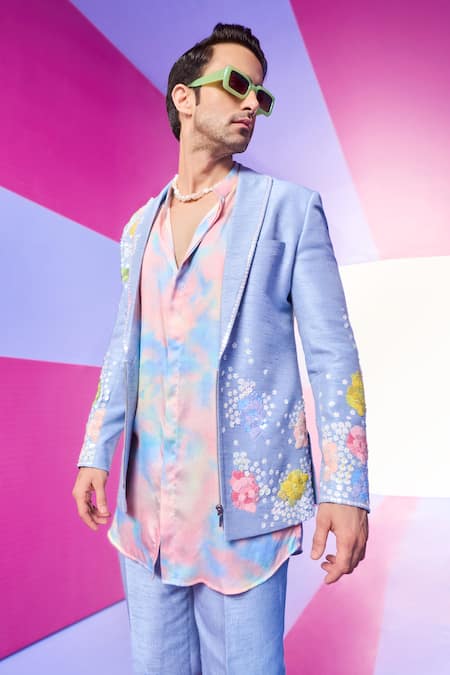 Buy_Kora By Nilesh Mitesh_Blue Handloom Cotton, Silk Sequins, Embroidery, Beads Floral Jacket Set_Online_at_Aza_Fashions