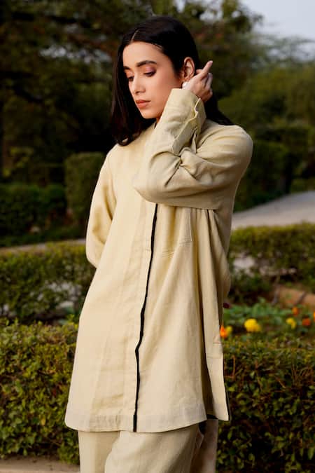 Shop Moh India Beige Wool Mandarin Collar Plain Tunic And Pant Set at Aza Fashions Shop_Moh India_Beige Wool Mandarin Collar Plain Tunic And Pant Set _at_Aza_Fashions