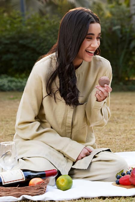 Buy Moh India Beige Wool Mandarin Collar Plain Tunic And Pant Set Online at Aza Fashions Buy_Moh India_Beige Wool Mandarin Collar Plain Tunic And Pant Set _Online_at_Aza_Fashions