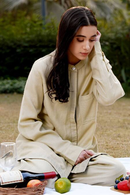 Shop Moh India Beige Wool Mandarin Collar Plain Tunic And Pant Set Online at Aza Fashions Shop_Moh India_Beige Wool Mandarin Collar Plain Tunic And Pant Set _Online_at_Aza_Fashions
