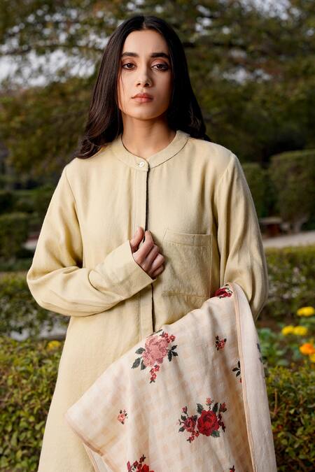 Moh India Beige Wool Mandarin Collar Plain Tunic And Pant Set at Aza Fashions Moh India_Beige Wool Mandarin Collar Plain Tunic And Pant Set _at_Aza_Fashions