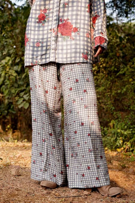 Moh India Blue Wool Embroidery Mandarin Collar Gingham Floral Print Shirt And Pant Set Online at Aza Fashions Moh India_Blue Wool Embroidery Mandarin Collar Gingham Floral Print Shirt And Pant Set _Online_at_Aza_Fashions