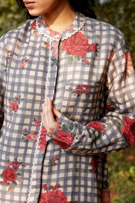 Buy Moh India Blue Wool Embroidery Mandarin Collar Gingham Floral Print Shirt And Pant Set Online at Aza Fashions Buy_Moh India_Blue Wool Embroidery Mandarin Collar Gingham Floral Print Shirt And Pant Set _Online_at_Aza_Fashions