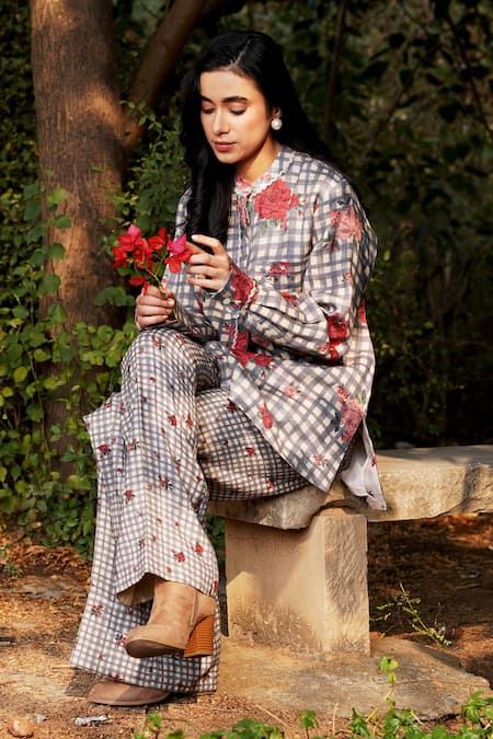 Shop Moh India Blue Wool Embroidery Mandarin Collar Gingham Floral Print Shirt And Pant Set Online at Aza Fashions Shop_Moh India_Blue Wool Embroidery Mandarin Collar Gingham Floral Print Shirt And Pant Set _Online_at_Aza_Fashions