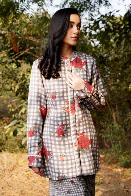 Moh India Blue Wool Embroidery Mandarin Collar Gingham Floral Print Shirt And Pant Set at Aza Fashions Moh India_Blue Wool Embroidery Mandarin Collar Gingham Floral Print Shirt And Pant Set _at_Aza_Fashions