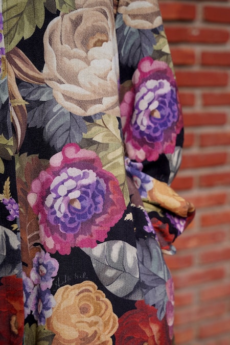 Moh India Black Wool Mandarin Collar Floral Print Midi Dress Online at Aza Fashions Moh India_Black Wool Mandarin Collar Floral Print Midi Dress _Online_at_Aza_Fashions