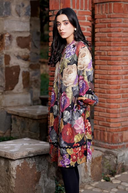 Shop Moh India Black Wool Mandarin Collar Floral Print Midi Dress at Aza Fashions Shop_Moh India_Black Wool Mandarin Collar Floral Print Midi Dress _at_Aza_Fashions