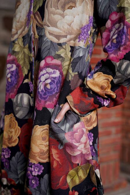 Buy Moh India Black Wool Mandarin Collar Floral Print Midi Dress Online at Aza Fashions Buy_Moh India_Black Wool Mandarin Collar Floral Print Midi Dress _Online_at_Aza_Fashions