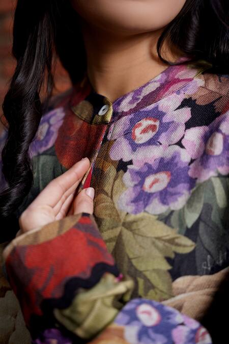 Shop Moh India Black Wool Mandarin Collar Floral Print Midi Dress Online at Aza Fashions Shop_Moh India_Black Wool Mandarin Collar Floral Print Midi Dress _Online_at_Aza_Fashions