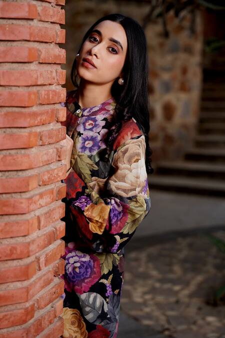 Moh India Black Wool Mandarin Collar Floral Print Midi Dress at Aza Fashions Moh India_Black Wool Mandarin Collar Floral Print Midi Dress _at_Aza_Fashions