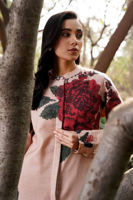 Moh India Pink Wool Embroidery Mandarin Collar Floral Print Shirt And Pant Set Online at Aza Fashions Moh India_Pink Wool Embroidery Mandarin Collar Floral Print Shirt And Pant Set _Online_at_Aza_Fashions