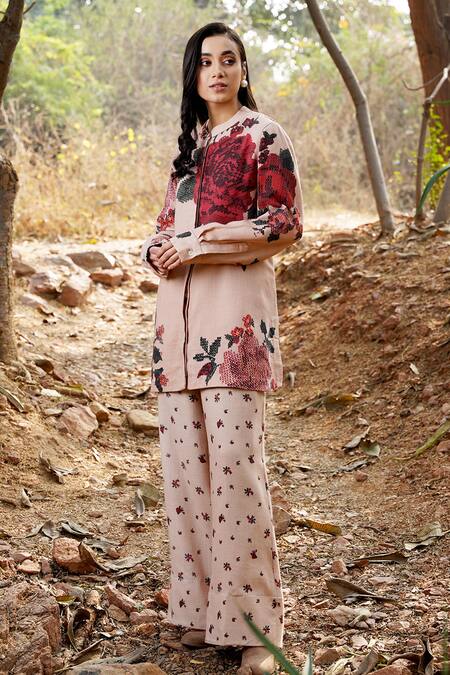 Buy Moh India Pink Wool Embroidery Mandarin Collar Floral Print Shirt And Pant Set Online at Aza Fashions Buy_Moh India_Pink Wool Embroidery Mandarin Collar Floral Print Shirt And Pant Set _Online_at_Aza_Fashions