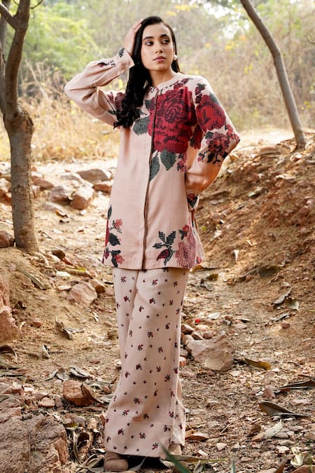 Shop Moh India Pink Wool Embroidery Mandarin Collar Floral Print Shirt And Pant Set at Aza Fashions Shop_Moh India_Pink Wool Embroidery Mandarin Collar Floral Print Shirt And Pant Set _at_Aza_Fashions
