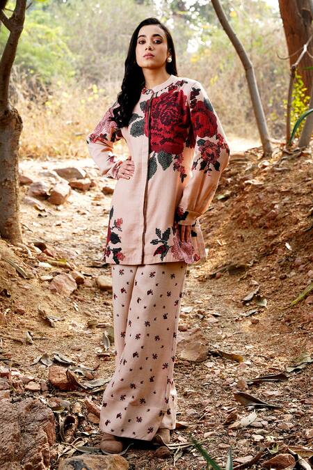 Shop Moh India Pink Wool Embroidery Mandarin Collar Floral Print Shirt And Pant Set Online at Aza Fashions Shop_Moh India_Pink Wool Embroidery Mandarin Collar Floral Print Shirt And Pant Set _Online_at_Aza_Fashions