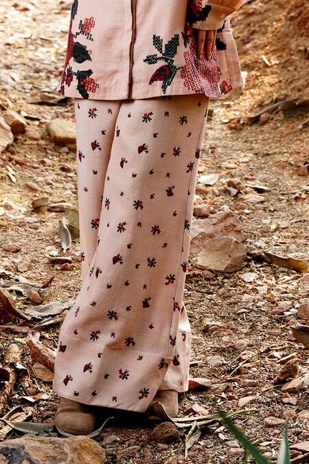 Buy Moh India Pink Wool Embroidery Mandarin Collar Floral Print Shirt And Pant Set Buy_Moh India_Pink Wool Embroidery Mandarin Collar Floral Print Shirt And Pant Set