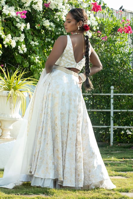 Monk & Mei By Sonia Anand Floral Woven Ivory Lehenga Set 
