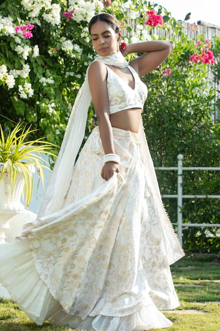 Shop_Monk & Mei By Sonia Anand_Ivory Silk, Brocade Pearls V-neck Floral Woven Lehenga Set _Online_at_Aza_Fashions