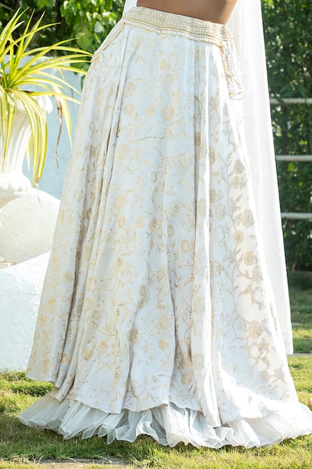 Monk & Mei By Sonia Anand_Ivory Silk, Brocade Pearls V-neck Floral Woven Lehenga Set _at_Aza_Fashions