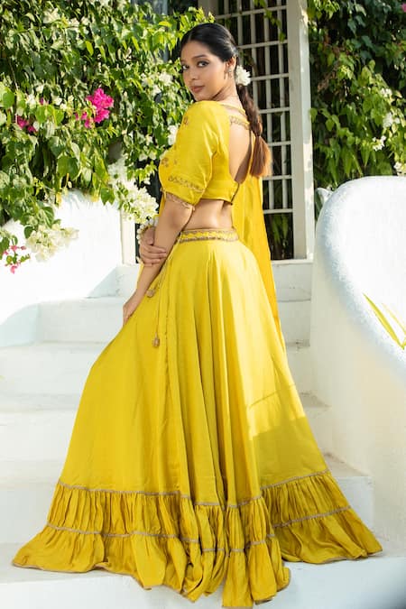 Monk & Mei By Sonia Anand Yellow Tiered Pleated Lehenga Set 