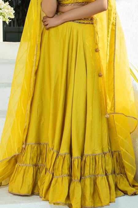Monk & Mei By Sonia Anand_Yellow Brocade, Silk Crystals, Embroidery Scoop Neck Tiered Pleated Lehenga Set _Online_at_Aza_Fashions