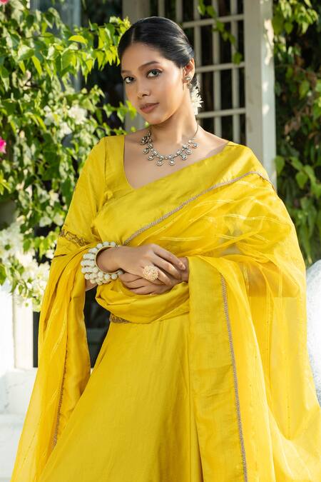 Buy_Monk & Mei By Sonia Anand_Yellow Brocade, Silk Crystals, Embroidery Scoop Neck Tiered Pleated Lehenga Set _Online_at_Aza_Fashions