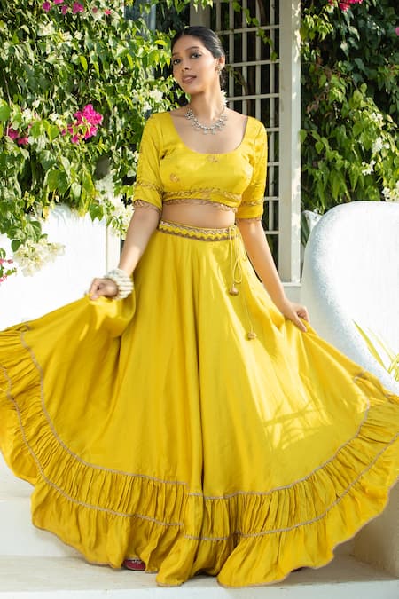 Shop_Monk & Mei By Sonia Anand_Yellow Brocade, Silk Crystals, Embroidery Scoop Neck Tiered Pleated Lehenga Set _Online_at_Aza_Fashions