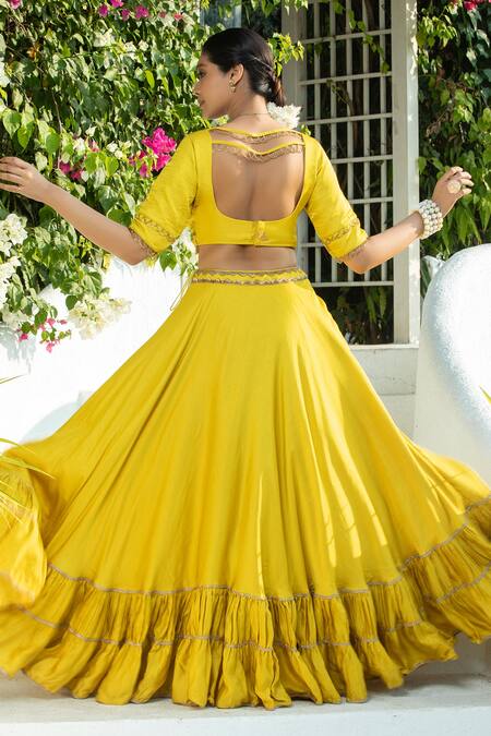 Monk & Mei By Sonia Anand_Yellow Brocade, Silk Crystals, Embroidery Scoop Neck Tiered Pleated Lehenga Set _at_Aza_Fashions