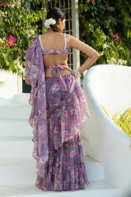 Monk & Mei By Sonia Anand Lilac Floral Pre-Draped Sharara Saree Set 