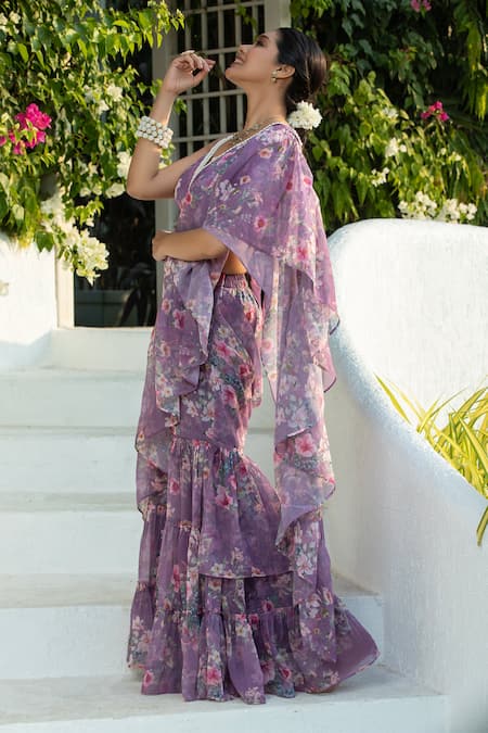 Buy_Monk & Mei By Sonia Anand_Purple Georgette Pearls V-neck Lilac Floral Pre-draped Sharara Saree Set _Online_at_Aza_Fashions