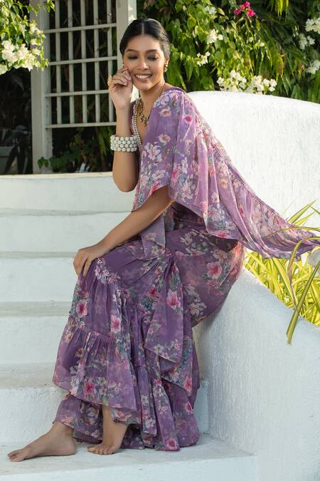 Shop_Monk & Mei By Sonia Anand_Purple Georgette Pearls V-neck Lilac Floral Pre-draped Sharara Saree Set _Online_at_Aza_Fashions