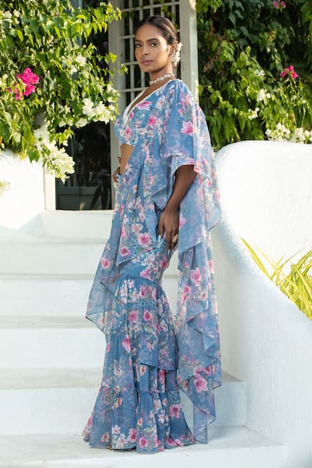 Monk & Mei By Sonia Anand_Blue Georgette Pearls V-neck Floral Print Pre-draped Ruffle Sharara Saree _Online_at_Aza_Fashions
