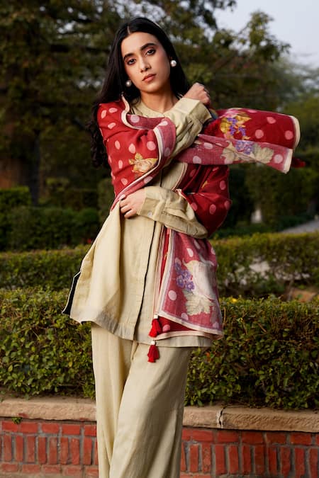 Buy_Moh India_Red Floral And Polka Dot Woven Stole _Online_at_Aza_Fashions