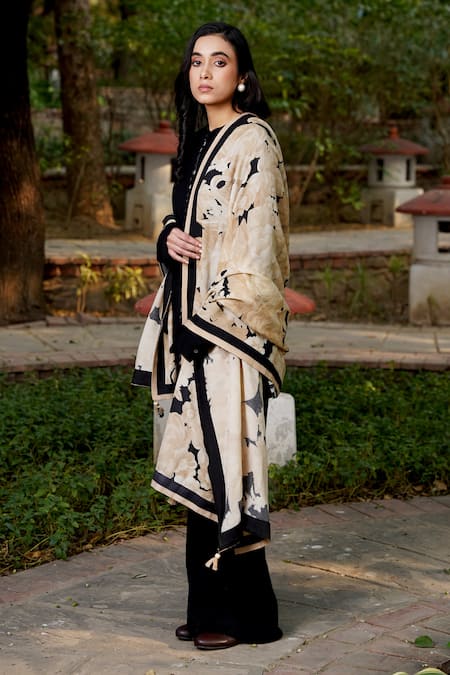 Shop_Moh India_Black Frosted Petal Woven Shawl _at_Aza_Fashions