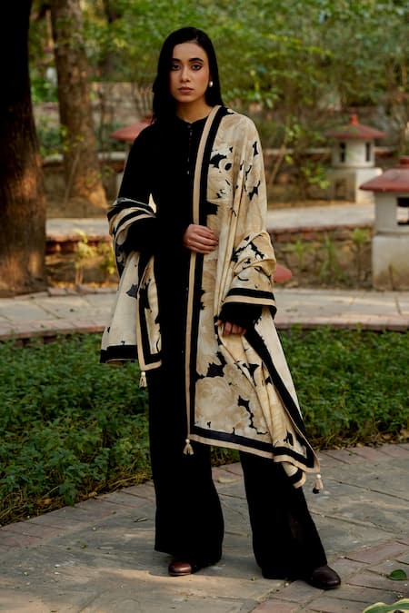 Moh India_Black Frosted Petal Woven Shawl _at_Aza_Fashions