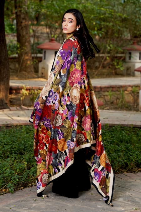 Shop_Moh India_Black Floral Print Woven Shawl _at_Aza_Fashions