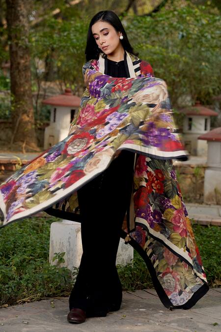 Moh India_Black Floral Print Woven Shawl _Online_at_Aza_Fashions