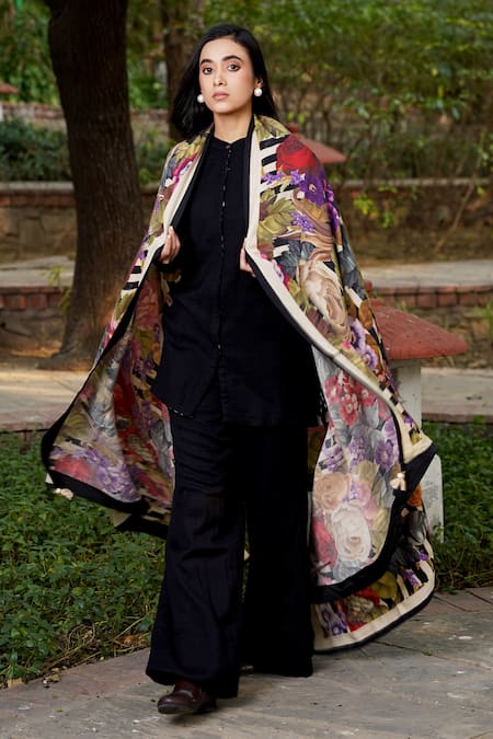 Buy_Moh India_Black Floral Print Woven Shawl _Online_at_Aza_Fashions