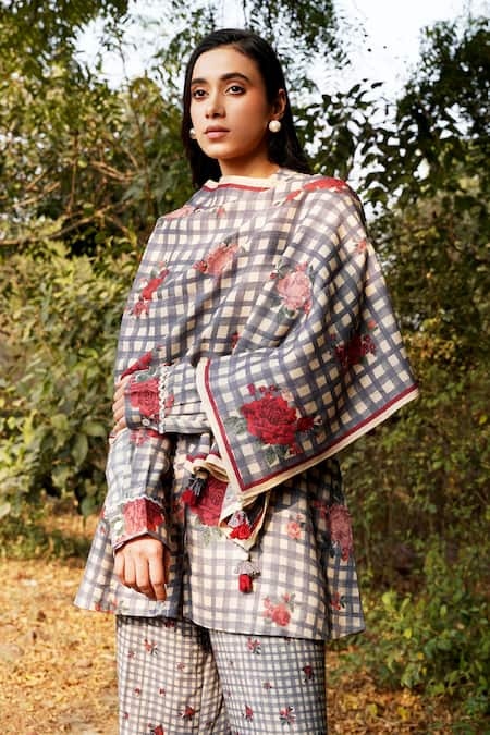 Moh India Floral Gingham Woven Stole 