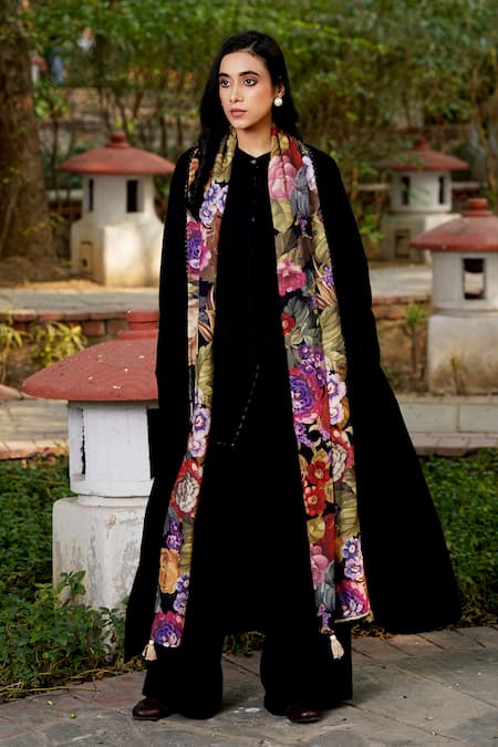 Shop Moh India Black Floral Printed Stole at Aza Fashions Shop_Moh India_Black Floral Printed Stole _at_Aza_Fashions