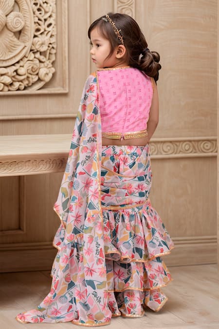 Petite Pomme Floral Print Pre-Draped Saree With Blouse 
