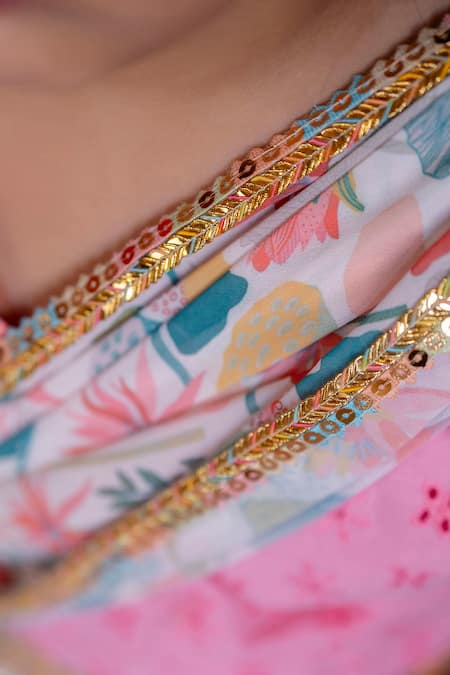 Shop_Petite Pomme_Multi Color Georgette Embroidery, Floral Print Pre-draped Saree With Blouse _Online_at_Aza_Fashions