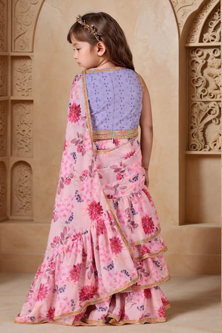 Petite Pomme Floral Print Ruffle Tiered Pre-Draped Saree With Blouse 