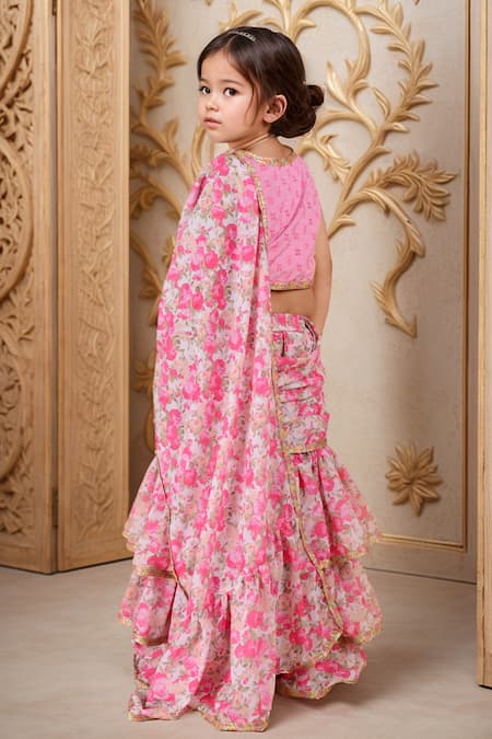Petite Pomme Floral Embroidered Ruffle Tiered Pre-Draped Saree With Blouse 