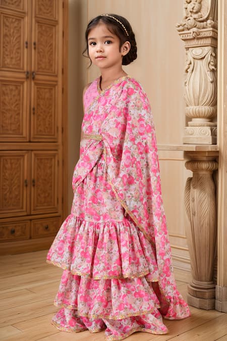 Petite Pomme Pink Georgette Sequins, Gota Floral Ruffle Tiered Pre-draped Saree With Blouse Online at Aza Fashions Petite Pomme_Pink Georgette Sequins, Gota Floral Ruffle Tiered Pre-draped Saree With Blouse _Online_at_Aza_Fashions