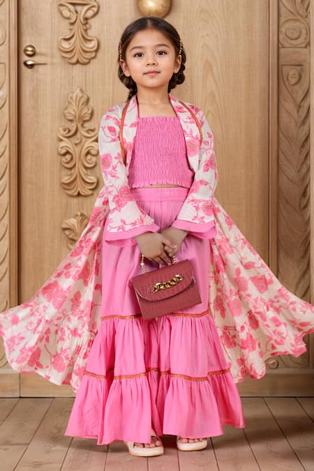 Samyukta Singhania_Pink Cotton Embroidery, Lace Floral Printed Ruffle Shrug And Sharara Set_Online_at_Aza_Fashions