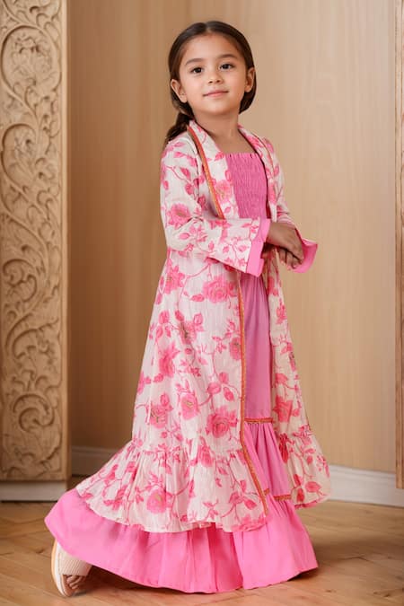 Buy_Samyukta Singhania_Pink Cotton Embroidery, Lace Floral Printed Ruffle Shrug And Sharara Set_Online_at_Aza_Fashions