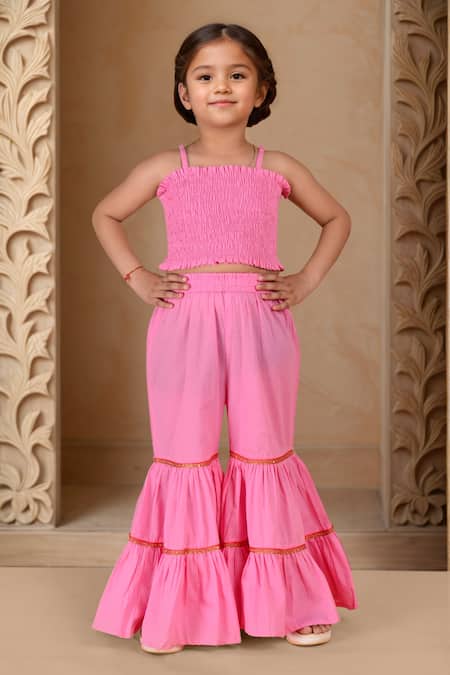 Shop_Samyukta Singhania_Pink Cotton Embroidery, Lace Floral Printed Ruffle Shrug And Sharara Set_Online_at_Aza_Fashions