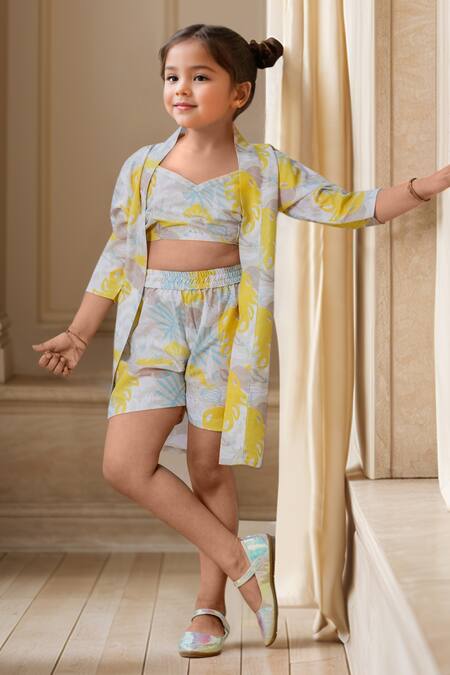 Samyukta Singhania_Yellow Muslin Floral Printed Shrug And Shorts Set_Online_at_Aza_Fashions